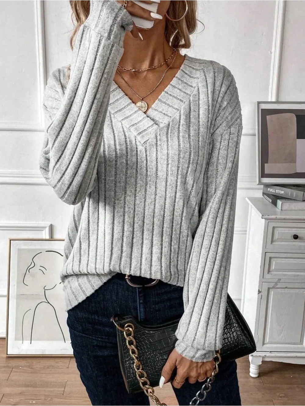 Women's Ribbed V-Neck Grey Sweater